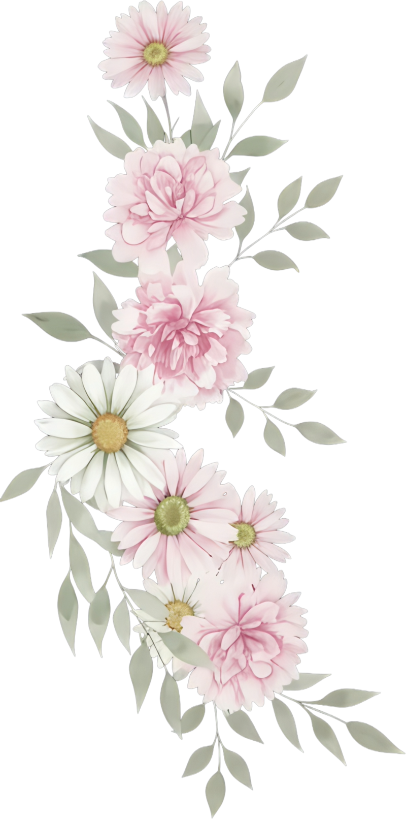 Wreath of flowers and greenery surrounding the text.