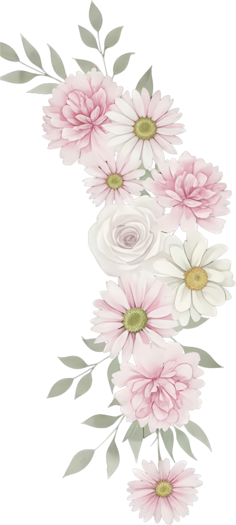 Wreath of flowers and greenery surrounding the text.